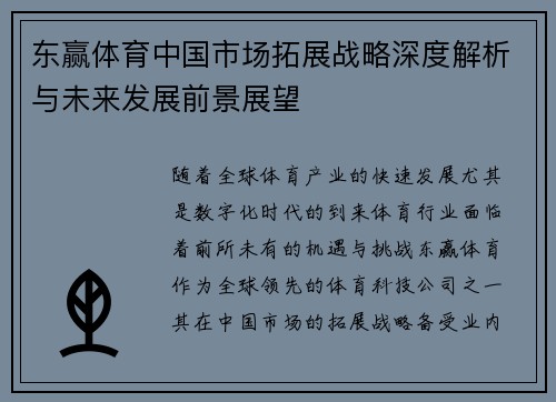 东赢体育中国市场拓展战略深度解析与未来发展前景展望